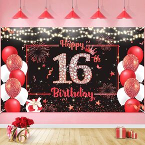 Red 16th Birthday Banner Decorations for Boys Girls Large Red Black Happy 16th Birthday Backdrop Banner Red Sweet Sixteen Birthday 16 Years Old Party Supplies Outdoor Indoor