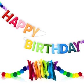 Vuzvuv Pre-Strung Felt Happy Birthday Garland, Handmade Happy Birthday Banner Decorations for Birthday Decor, Party Decor (Deep Rainbow)