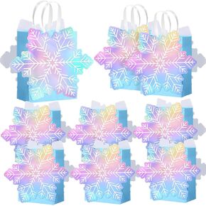 Kolldenn 24 Pack Snowflake Paper Bag Princess Baby Shower Holographic Gift Blue Snowflake Party Favor Candy Treat Goodie Bag with Handle for Holiday Birthday Wonderland Party Supplies