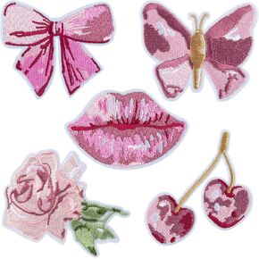 5pcs Pink Iron on Patches for Women, Sew on Butterfly Bow Embroidered Applique, Vintage Lip Cherry Rose Repair Patch for Clothes Hats Backpacks Jeans Jackets Decor