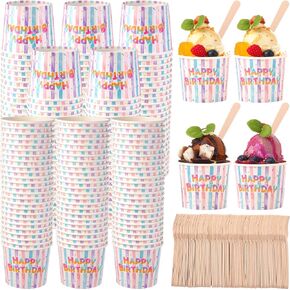 200 Sets Happy Birthday Ice Cream Party Supplies 6 oz Paper Ice Cream Cups with Wood Spoons Bulk,Birthday Disposable Sundae Dessert Bowls for Hot or Cold Food Yogurt Bar