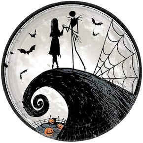 Fun Express Nighare Before Chrisas Jack & Sally Paper Dinner Plates - Nighare Themed Disposable Party Dessert Plates - Tableware Paper Party for Christmas Halloween Birthday Decorations - 8 Pieces