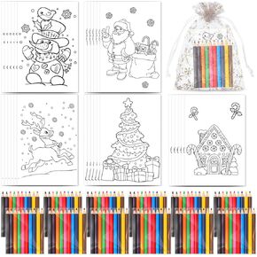 Qilery 25 Sets Christmas Activities for Kids 25 Pcs Christmas Coloring Page with 25 Pack Coloring Pencils and Organza Gift Bag Santa, Snowman, Christmas Tree Coloring Pages for Kid School Party Favors