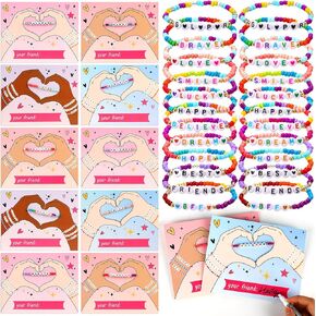 24 Pack Valentines Day Gifts for Kids Friendship Bracelet Valentines with Greeting Cards Bulk Classroom Exchange Gift Boho Colorful Disc Bracelets Party Favor for Students Children Prize Supplies