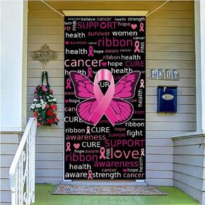 لافتة الوعي بسرطان الثدي وغطاء الباب وغطاء الباب ، 70.8 "x35.4" - Hope Faith Strength Courge Pink Ribbon Sign for Party Decoration Supplies