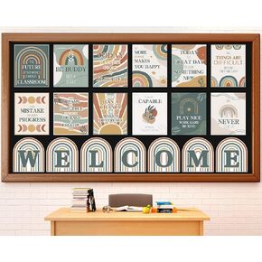 Justforjoyful 19pcs Boho Welcome Classroom Posters Rainbow Bulletin Board Decoration Motivational Positive Poster for Boho Welcome Sign Inspirational School Wall Decor