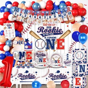 cocomigo Rookie of the Year First Birthday Decorations for Boys - 200 Pcs Party Kit with Balloon Arch, Backdrop, Tableware, Balloon Box, Highchair Banner - Rookie Year Themed Decor for 20 Guests
