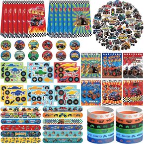 KEFAN Monster Truck Party Favor Supplies including Cartoon Monster Truck Theme Gift Bags, Wristbands, Stickers, Badge, for Monster Truck Theme Boy's Birthday Party Gift