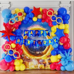 Super Hero Hedgehog Theme party decorations with 107Pcs Red Blue Yellow Gold Balloon Garland Arch Kit foil lightning Star balloons birthday banner for kids cartoon themed Baby Shower decor