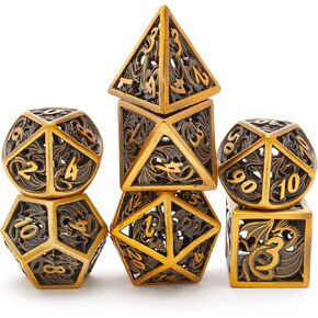 Hollow Metal DND Game Dice Dragon Design Dragon Gold 7pcs مجموعة من الأبراج المحصنة والتنين RPG MTG Table Games D&D Pathfinder Shadowrun وتعليم الرياضيات (مع حالة معدنية)