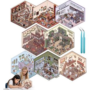 8 Sets Isometric Stickers, DIY 3D House Stickers, Fun 3D Sticker Scene, Sticker Therapy for Adults and Kids, Create Your Own Supermarket, Coffee Shop, Restaurant, Bookstore