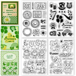 CHGCRAFT 4 Sheets St. Patrick's Day Clear Stamps Gnome Four-Leaf Clover Wreath Greeting Words Transparent Stamps Silicone Stamp Seals for DIY Scrapbooking Card Making Photo Album Postcard Decoration