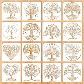Cobee 16 PCS Tree of Life Stencil ، 6 بوصة من الخشب المحترق للطلاء على الخشب ، قالب رسم شجرة قابلة لإعادة الاستخدام لأرضية الحائط DIY Art Crafts (15 سم)