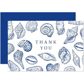 Whaline 24 Pack Ocean Thank You Cards Blue Sea Shell بطاقات المعايدة مع الأظرف ملصقات بطاقات ملاحظات فارغة لخط اللوازم حفلات عيد ميلاد الشاطئ الساحلية ، 4 × 6 بوصات