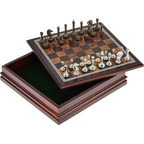 Metal Chess Set with Deluxe Wood Board and Storage - 2.5" King, Gold/Silver/Brown (985)
