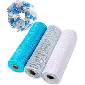3 Rolls Deco Mesh Ribbon 10 Inch x 30 feet Each Roll White Silver Blue Poly Burlap Metallic Foil Mesh Ribbon for Wreath Garland DIY Crafts Making Christmas Tree Decoration
