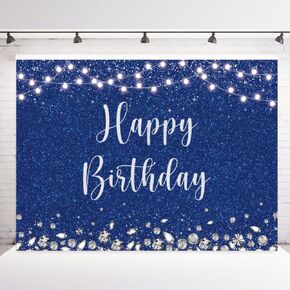 INRUI Royal Blue Happy Birthday Photography Background Silver Glitter Spots Decorations Girls Boys Adult Party Photo Backdrop (7x5FT)