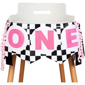 Joymemo اثنان عيد ميلاد سريع راية كرسي عالية - Pink Black Race Car 2nd عيد ميلاد ديكورات حفلة ، فتاة ، ويدع الطفل البالغة من العمر عامين هدايا التذكارية ، وسباق حفل سيارة
