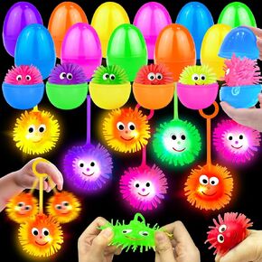 24 Pack Prefilled Easter Eggs with Fidget Toys Light Up Puffer Balls Squeeze Sensory Stress Relief Toys Easter Basket Stuffers Fillers Glow Dark Surprise Easter Hunt Kids Boys Girls Gift Party Favors