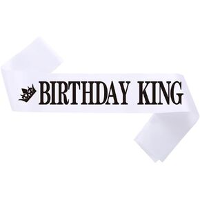 Birthday King Sash White, Birthday Sashes for Boys or Men Black Foil Letter 21st 30th 40th 50th 60th or Any Fun Birthday Party Favors Decorations (White Black)