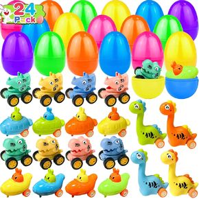24 Pack Prefilled Easter Eggs with 24 Pull Back Car Toys for Toddler, Easter Eggs with Cute Dinosaur Bunny Toy Car Inside for Kids Boys Girls Easter Basket Stuffers Filler Egg Hunt Easter Party Favor