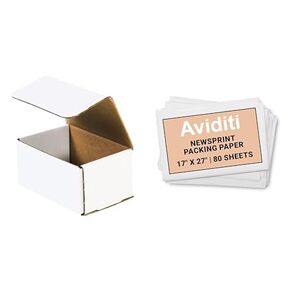 Aviditi 6 "L x 4" W x 3 "H صناديق الشحن الصغيرة (50 عبوة) صناديق من الورق المقوى المموجة الثقيلة مع ورقة تعبئة NEWSPRINT Aviditi 17" × 27 "(2 رطل.)