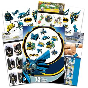 DCComics Batman Party Party Favors مجموعة للأطفال ~ حزمة مع 75 وشم باتمان المؤقتة و 3 حزم ملصقات باتمان | لوازم حزب باتمان