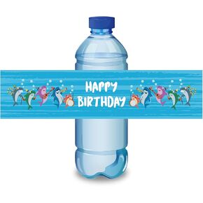 24 Shark Happy Birthday Bithing Bottion Labels - SHARK موضوع زخارف عيد ميلاد ، ملصقات عيد ميلاد سعيد ، مفضلات حفلة عيد ميلاد المحيط ، 2 × 8 بوصات.