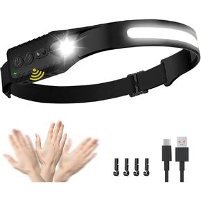 Headlamp Rechargeable, LED Head Lamp Flashlight, 230° Wide Beam Headband Light, 400 Lumen Super Bright, Waterproof Headlight, Motion Sensor, 5 Modes for Running, Fishing, Hiking, Camping