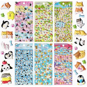 Cute Mini Puffy Stickers, 3D Stickers with Animals, Cats, Penguin & More - 6 Sheets