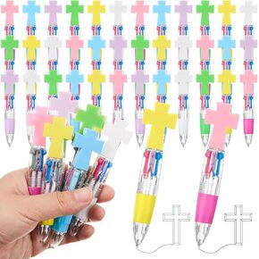 Kosiz 48 Pcs Christian Cross Pens Colorful Cross 4 in 1 Multicolor Ballpoint Religious Pens Jesus Loves You Gifts for Easter Christian