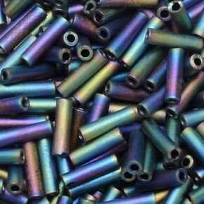 Miyuki Bugle Tube Beads, Cylinder Size #2 6x1.5mm, 17 Grams, Matte Black AB