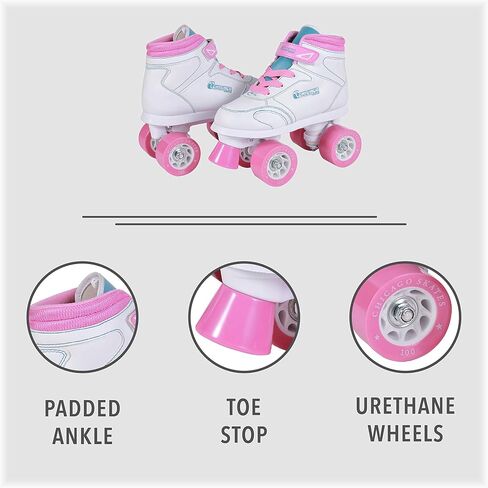 Chicago Girls Sidewalk Roller Skate - White Youth Quad Skates, High-Top Roller Skates for Kids, Beginner-Friendly with Durable Polyurethane Wheels, Indoor & Outdoor Roller Skating Size 1 in Saudi Arabia
