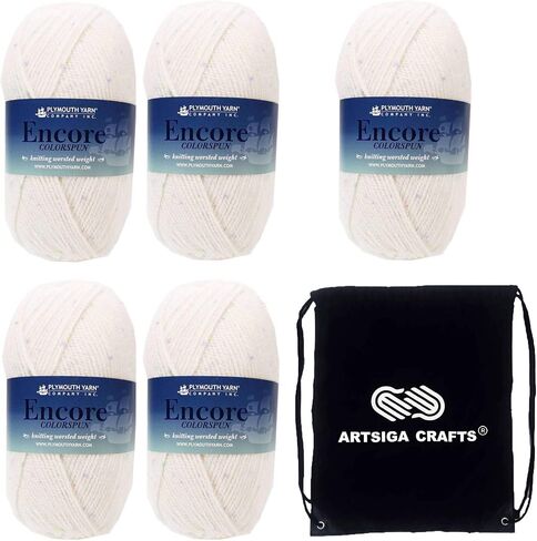 Plymouth Yarn for Knitting Encore Worsted Colorspun White with Spots 7403, 5-Skeins (Same Dyelot, 500 gr, 1000 yds), Medium Weight #4, 75% Acrylic/25% Wool Blend, with Project Bag in Saudi Arabia