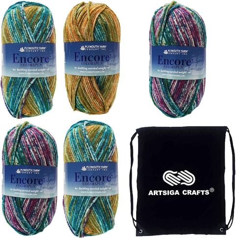 Plymouth Yarn for Knitting Encore Worsted Colorspun White with Spots 7403, 5-Skeins (Same Dyelot, 500 gr, 1000 yds), Medium Weight #4, 75% Acrylic/25% Wool Blend, with Project Bag in Saudi Arabia