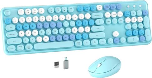 Colorful Wireless Computer Keyboard and Mouse Combo with Round Typewriter Keycaps, Retro Design, Power Switch, Ergonomic Design, 2.4GHz Wireless for Windows, Mac, PC(Black-Blue) in Kuwait
