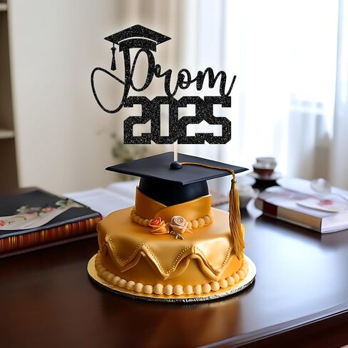 Prom 2025 Cake Topper ، تخرج ديكورات حفلة موسيقية ، ديكور حفلة ليلة ، فئة من 2025 ديكورات حفل التخرج (Black Glitter) in Kuwait