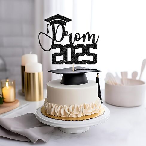 Prom 2025 Cake Topper ، تخرج ديكورات حفلة موسيقية ، ديكور حفلة ليلة ، فئة من 2025 ديكورات حفل التخرج (Black Glitter) in Kuwait