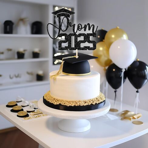 Prom 2025 Cake Topper ، تخرج ديكورات حفلة موسيقية ، ديكور حفلة ليلة ، فئة من 2025 ديكورات حفل التخرج (Black Glitter) in Kuwait