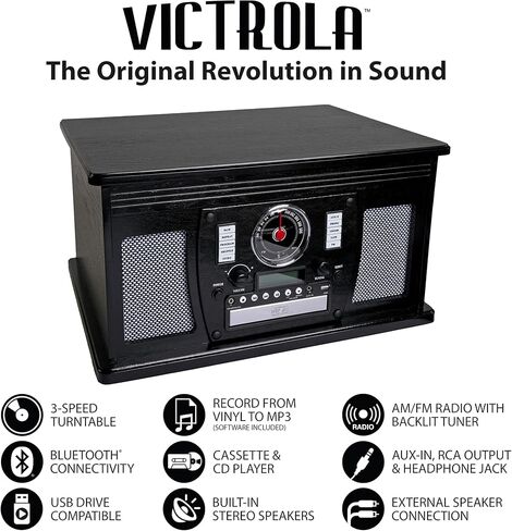 Victrola Aviator 8-in-1 Bluetooth Record Player & Multimedia Center with Built-in Stereo Speakers - 3-Speed Turntable, Vinyl to MP3 Recording, Wireless Music Streaming, Mahogany in Kuwait