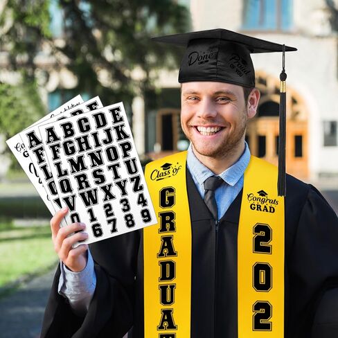 Jetec 6 Pcs Unisex Adult Graduation Stole Cap Set with a to Z Letter 0 to 9 Number Pattern Patches for 2025 Graduation in Kuwait