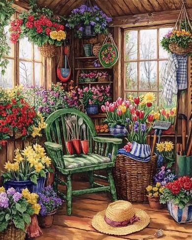 A Hut Filled with Flowers Paint by Number for Adults Beginner,Green Chair Paint by Numbers,Tool Shed with Flowers Paint by Numbers Kits Suitable for Home Decoration Without Frame 16x20 Inch in Saudi Arabia