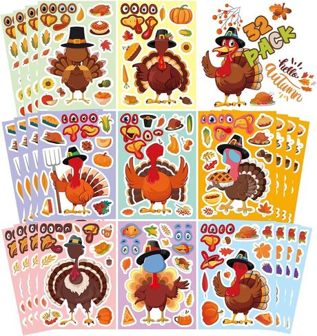 Thanksgiving Turkey Stickers - 32 Sheets Make Your Own Turkey Face Stickers for Kids - DIY Crafts Autumn Fall Harvest Party Favors in Saudi Arabia