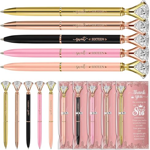 25 Sets Sweet 16th Birthday Party Favors for Guests, Include Sweet Sixteen Glitter Ballpoint Pens with Thank You Cards, Thank You for Coming to My 16 Years Birthday Party Supplies (Classic) in Kuwait