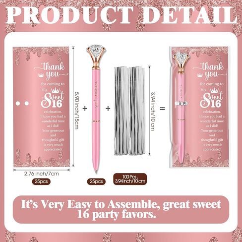 25 Sets Sweet 16th Birthday Party Favors for Guests, Include Sweet Sixteen Glitter Ballpoint Pens with Thank You Cards, Thank You for Coming to My 16 Years Birthday Party Supplies (Classic) in Kuwait