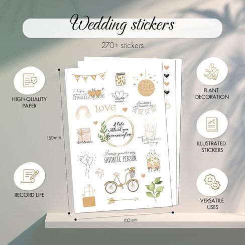 Wedding Stickers for Scrapbook | 200+ Wedding Scrapbook Stickers | Waterproof Stickers | Bridal Shower Engagement Marriage Anniversary for Wedding Planning Embellishments 9 Pages in Kuwait