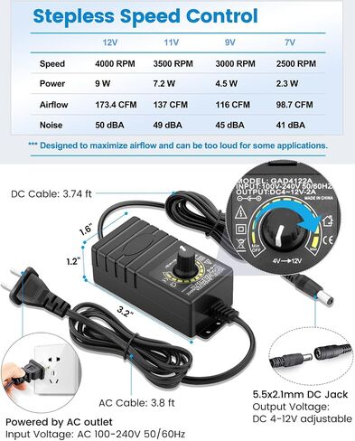 GDSTIME 120mm IP67 Waterproof Fan w/Speed Controller 110V 120V AC Powered | 12V Computer Fan with AC Plug, for Terrarium, Biltong Box, Chicken Coop, Greenhouse Cabinet, DIY Cooling Ventilation Projects in Kuwait