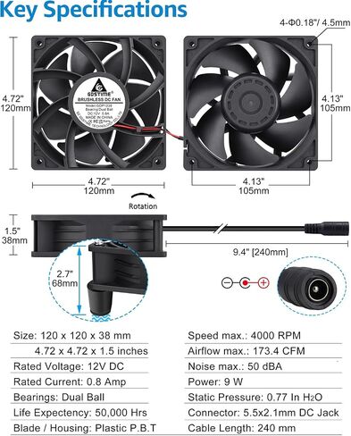 GDSTIME 120mm IP67 Waterproof Fan w/Speed Controller 110V 120V AC Powered | 12V Computer Fan with AC Plug, for Terrarium, Biltong Box, Chicken Coop, Greenhouse Cabinet, DIY Cooling Ventilation Projects in Kuwait