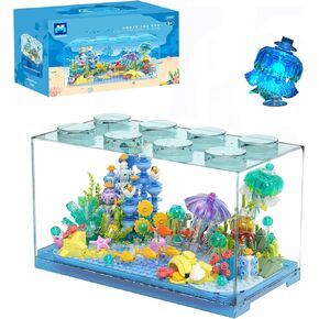 Fish Tank Aquarium Building Block Set with Light, Under the Sea Building Kit for Kids over 8, Including Coral Reefs, Jellyfish, Lobster, Octopus, and Translucent Block-shaped Aquarium shell, 589pcs