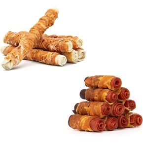 Mon2sun 9 بوصة الكلب Rawhide Rolls 6 عدد الكلاب الكبيرة و 3 بوصة النكهة ثلاثية الدجاج ملفوف البط ولفائف لحم البقر 10 للكلاب الصغيرة